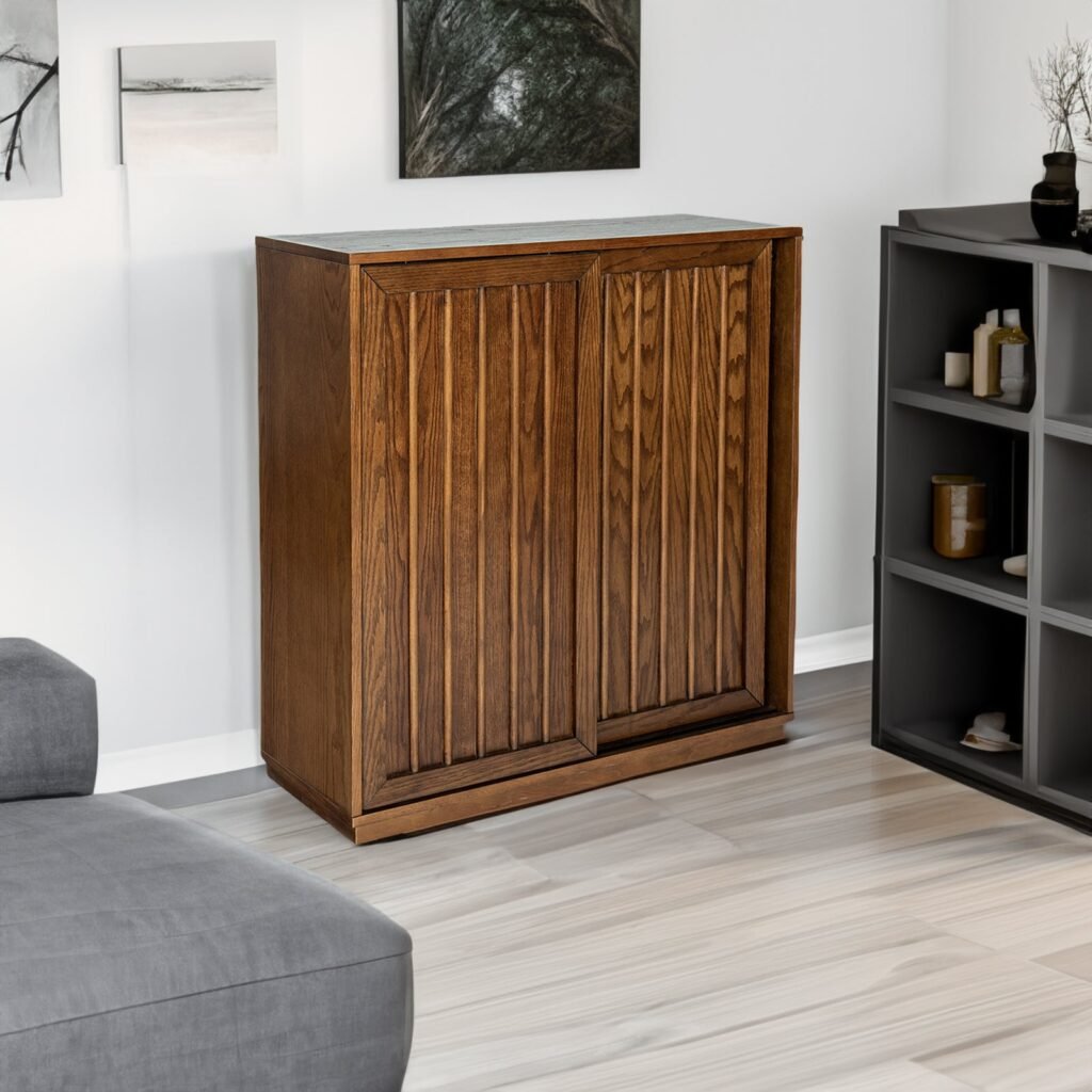 Mid-Century Sideboard Credenza 2 Sliding Doors Walnut Finish
