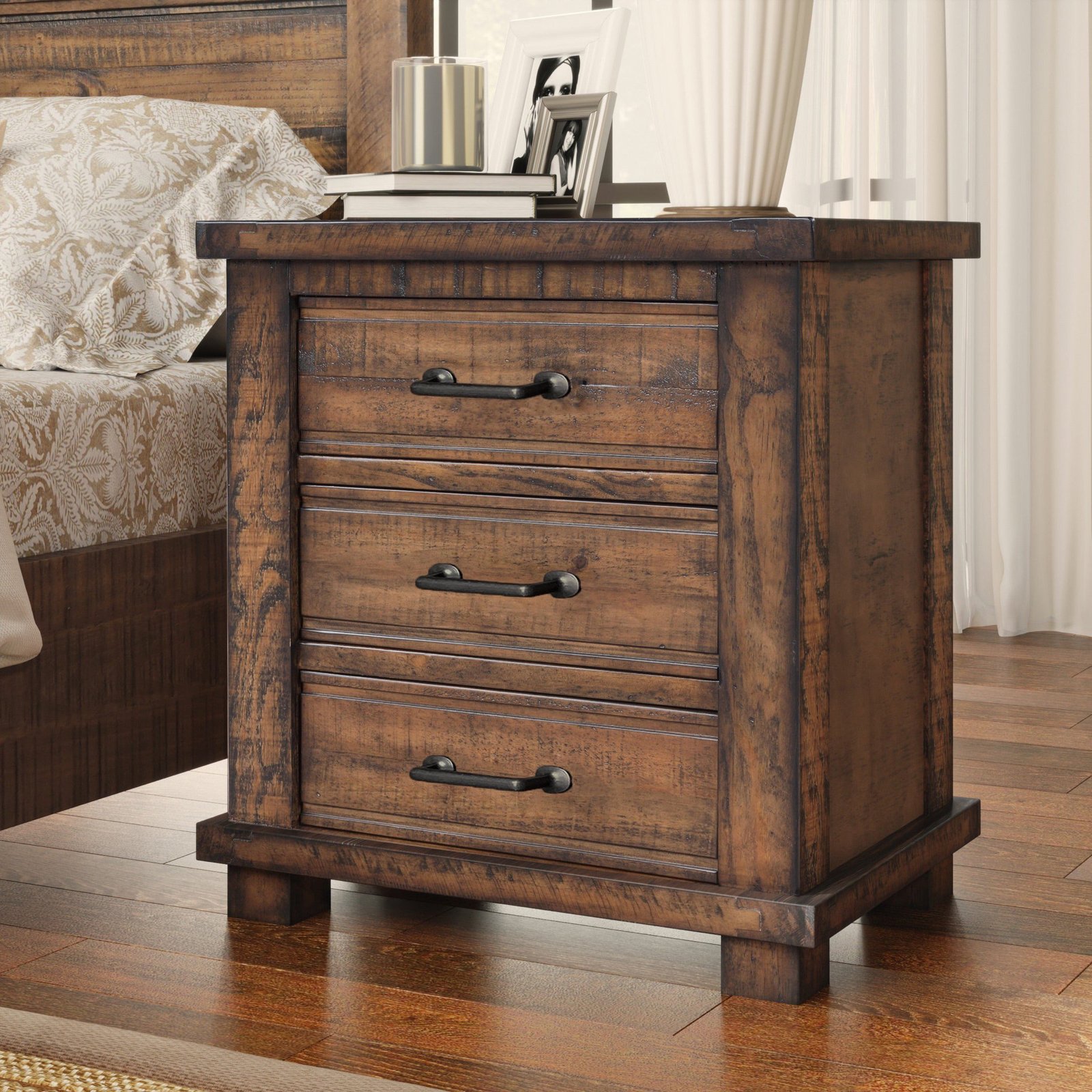 Rustic 3 Drawer Wood Nightstand With Metal Handles - Image 6