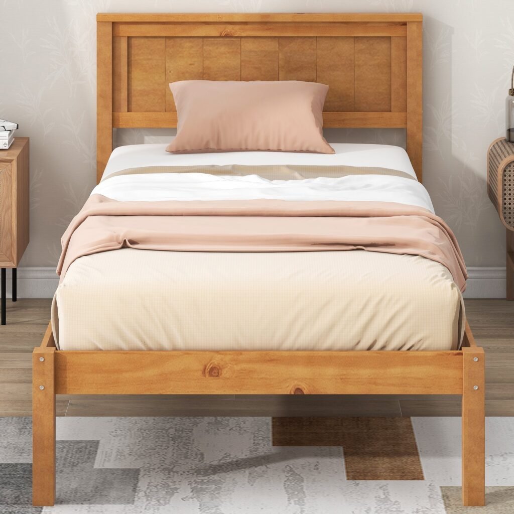 Twin Platform Bed Frame with Panel Headboard, Honey Finish