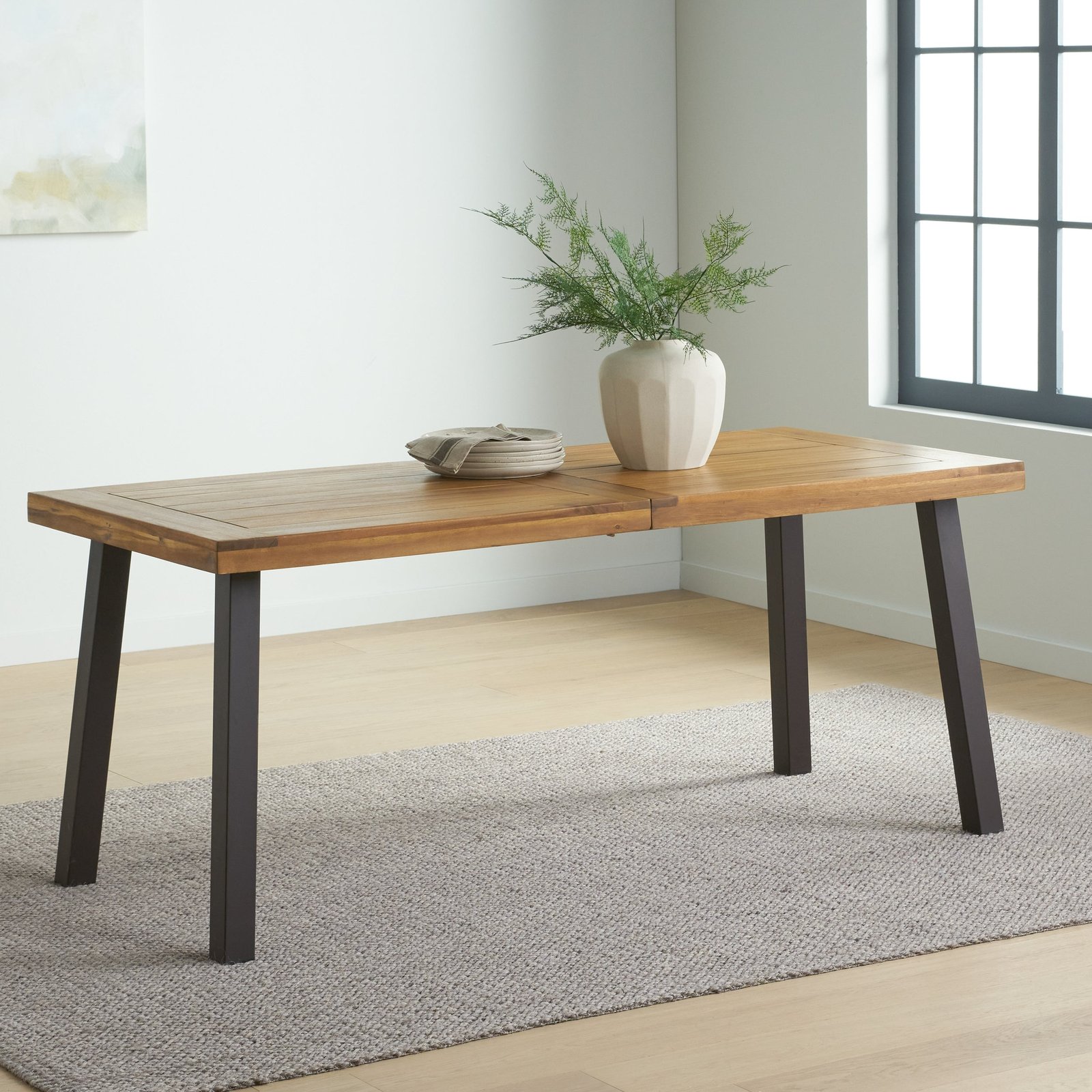 Acacia Wood Dining Table With Slatted Top And Dark Metal Legs - Image 7