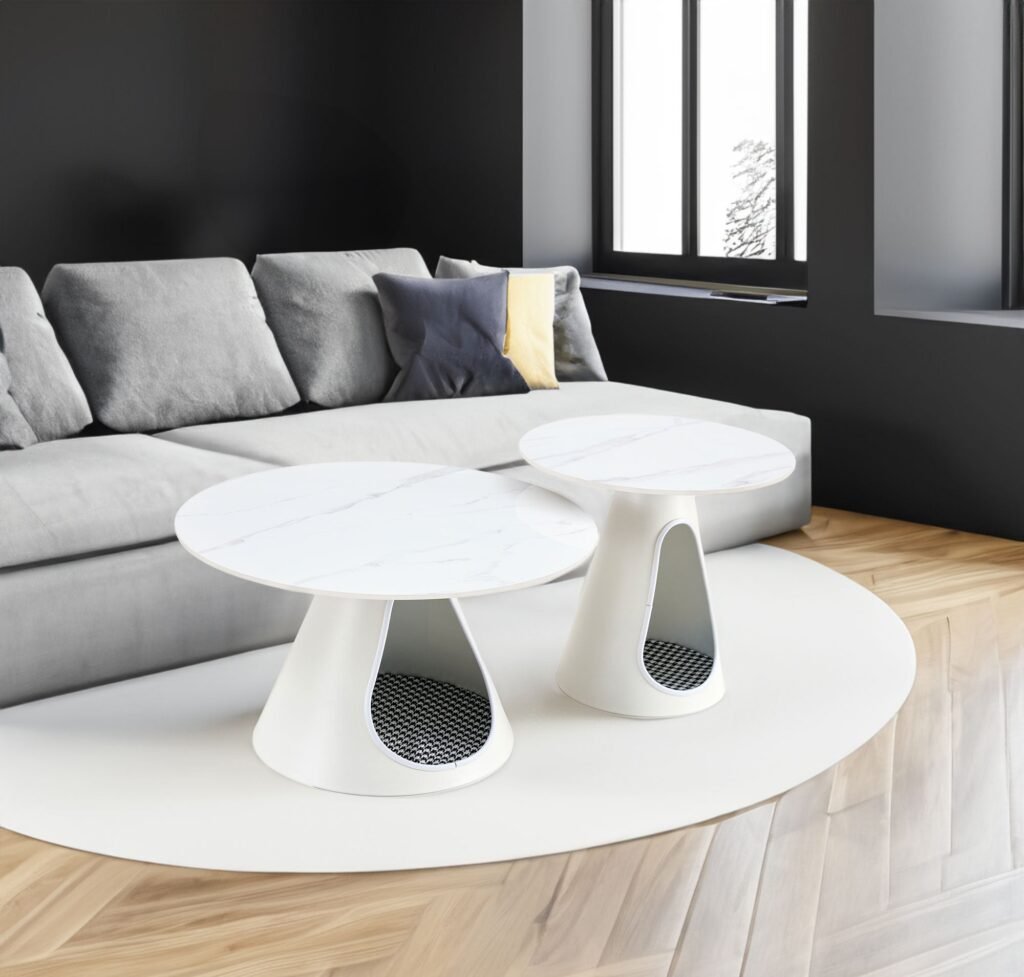 Set of 2 Round Coffee Tables with Cat Beds - Marble-Look Top