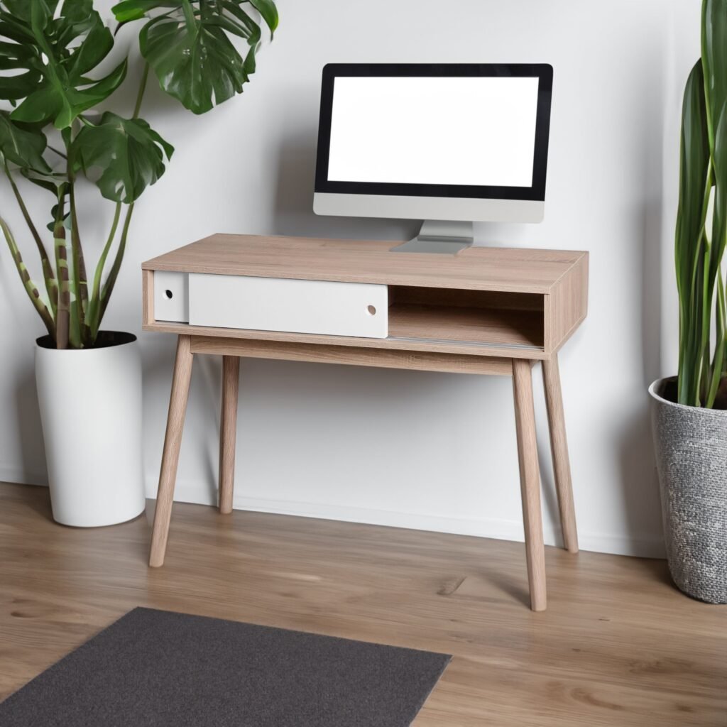 Mid-Century Writing Desk With Sliding White Drawers And Oak Finish