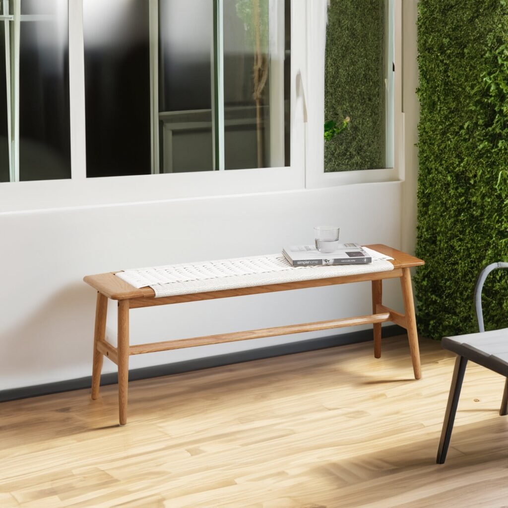 Natural Oak Bench With Woven White Cord Seat For Dining Or Bedroom