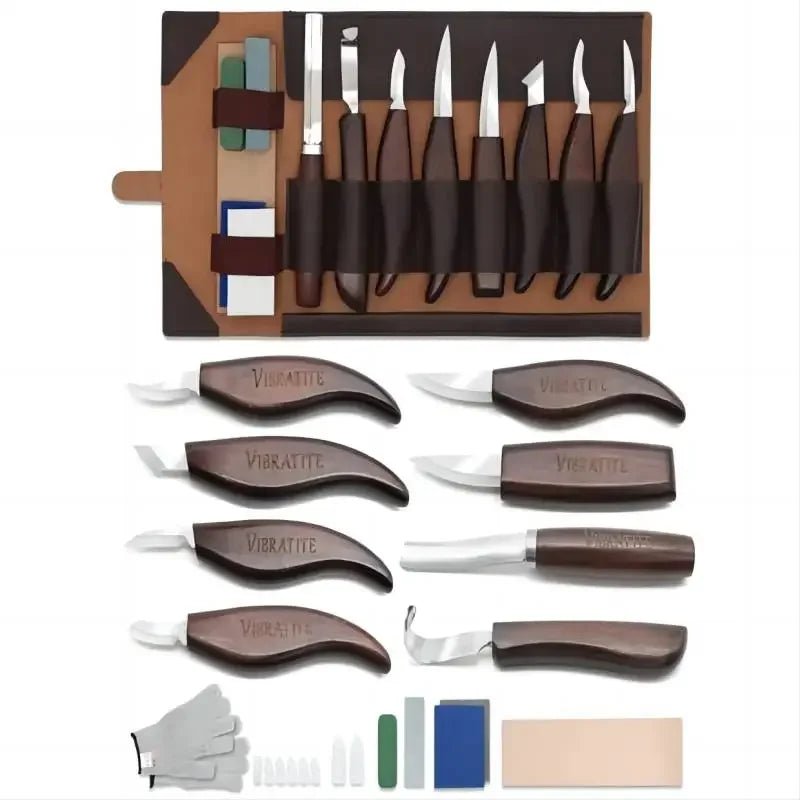 15-Piece Wood Carving Knife Set for Beginners with Leather Roll Case