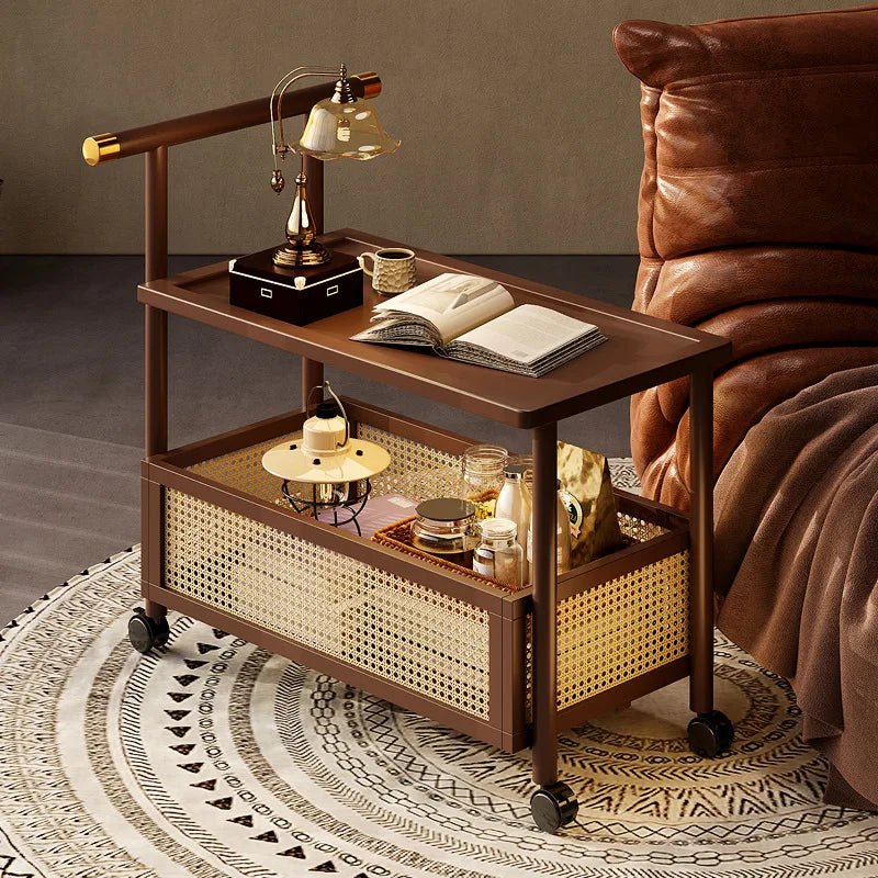 Bamboo 2-Tier Rolling Side Table – Mobile Coffee Table with Wheels
