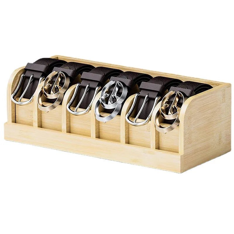 Bamboo Belt Organizer Box – 6-Grid Closet & Drawer Belt Storage