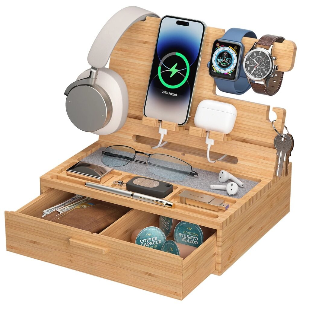 Bamboo Phone Docking Station with Drawer – Bedside Charging Organizer
