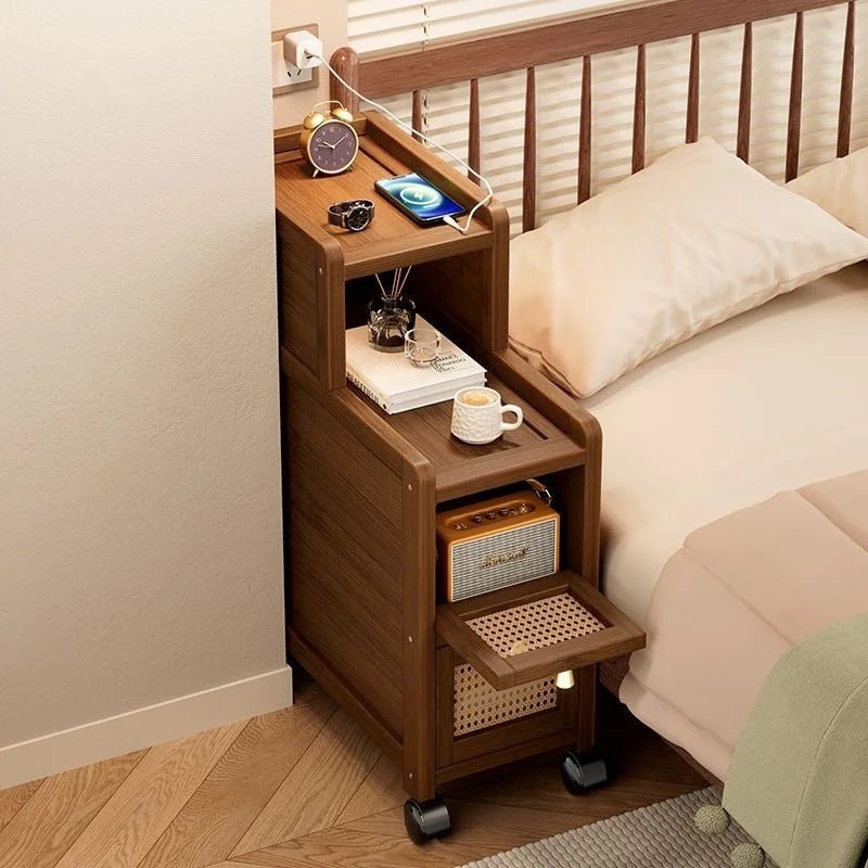 Bamboo Bedside Table with Wheels – Slim Rolling Nightstand Storage
