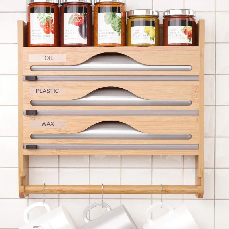 Bamboo 3-in-1 Wall-Mount Wrap Dispenser – Kitchen Organizer Rack