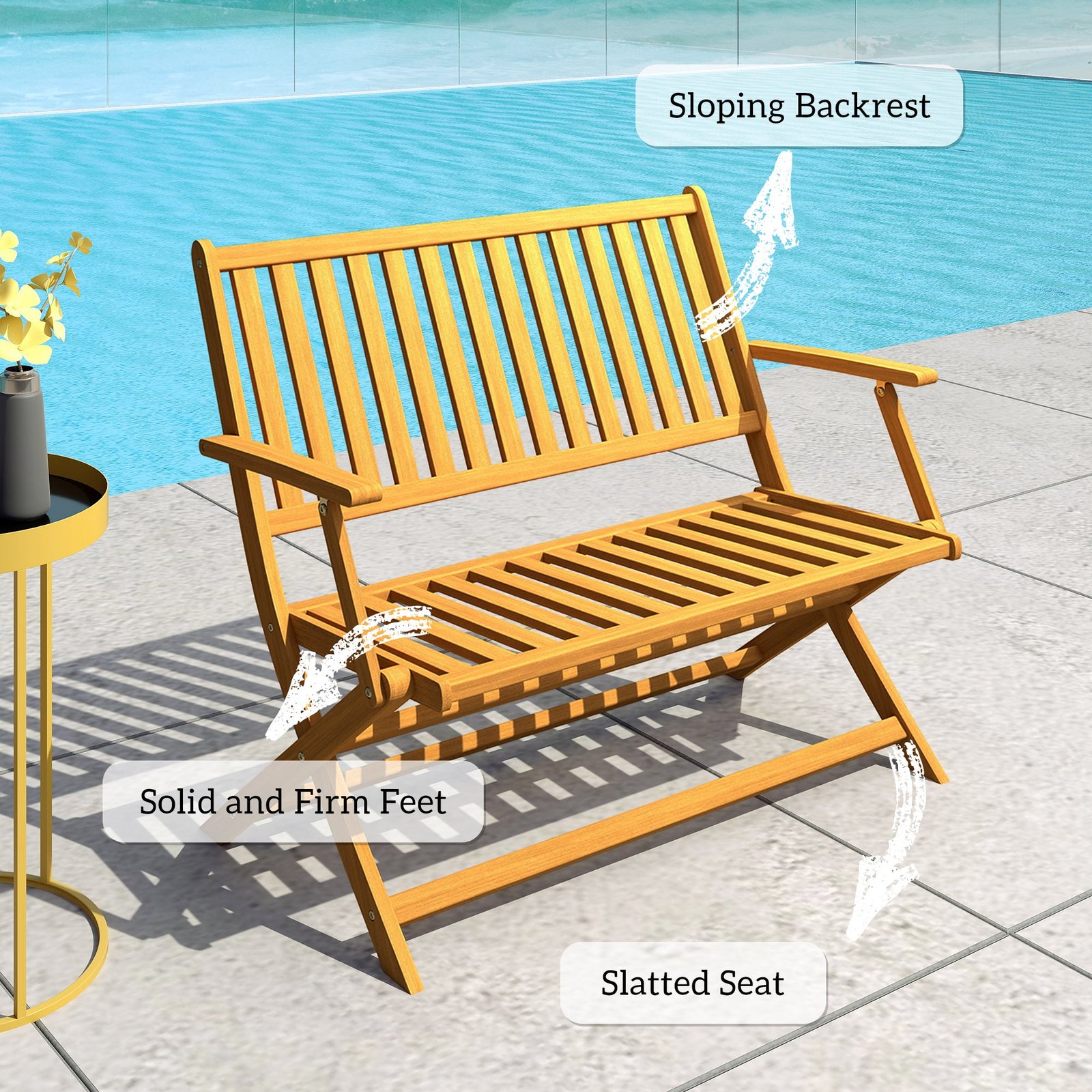 2-Person Foldable Wood Outdoor Bench with Backrest and Armrests for Garden, Porch, Park, Balcony, Teak - Image 2