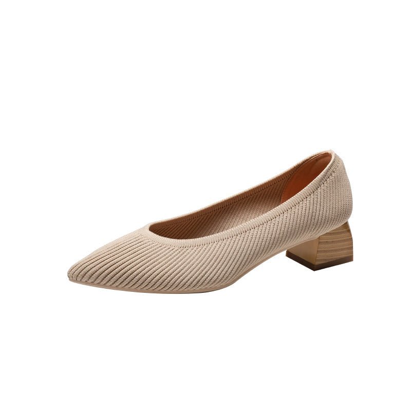 Wood Grain Thick Heel Pointed Breathable Casual Pumps - Image 7