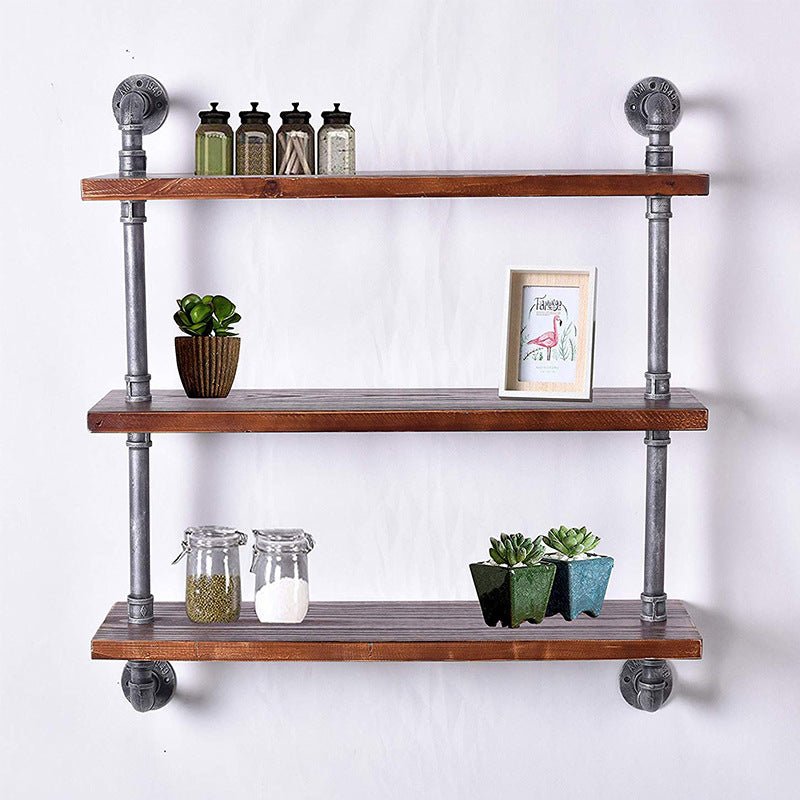 Industrial Style Iron Water Pipe Wall Shelf Flat Partition Solid Wood Bookshelf Display Stand - Image 5