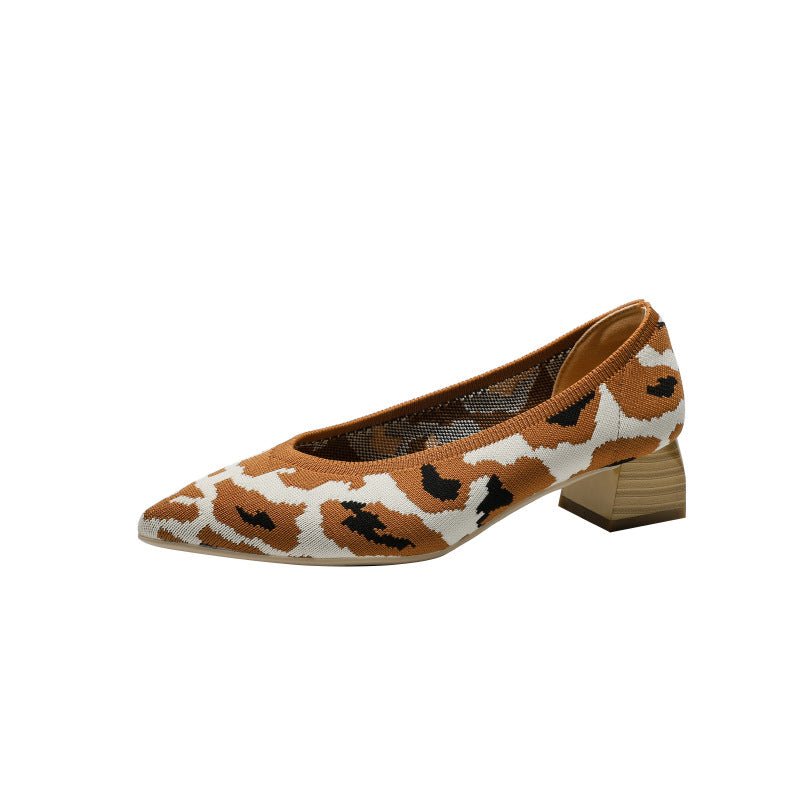 Wood Grain Thick Heel Pointed Breathable Casual Pumps - Image 10