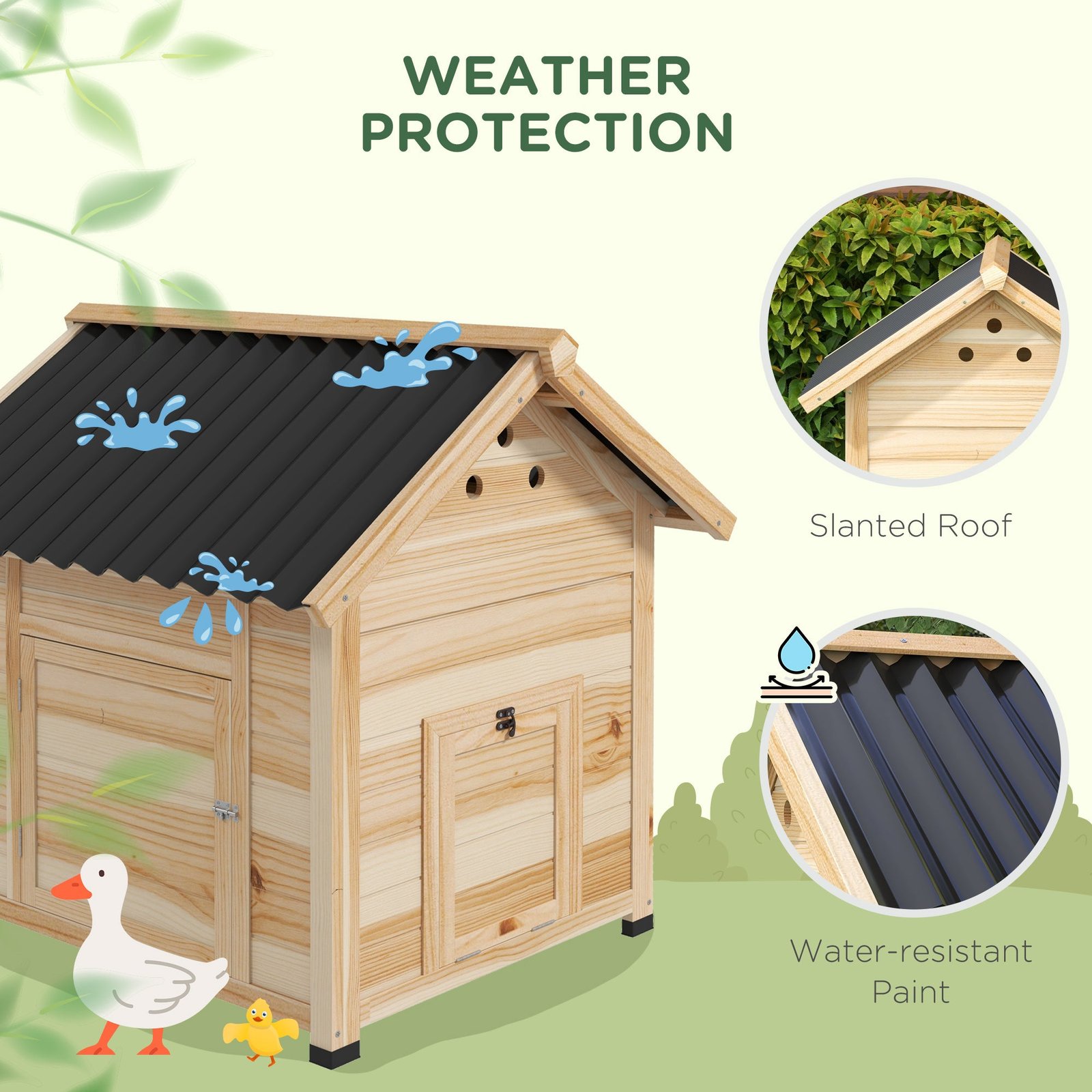 Duck Coop, Wooden Duck House with Openable Roof & Double Doors, Natural Wood - Image 5