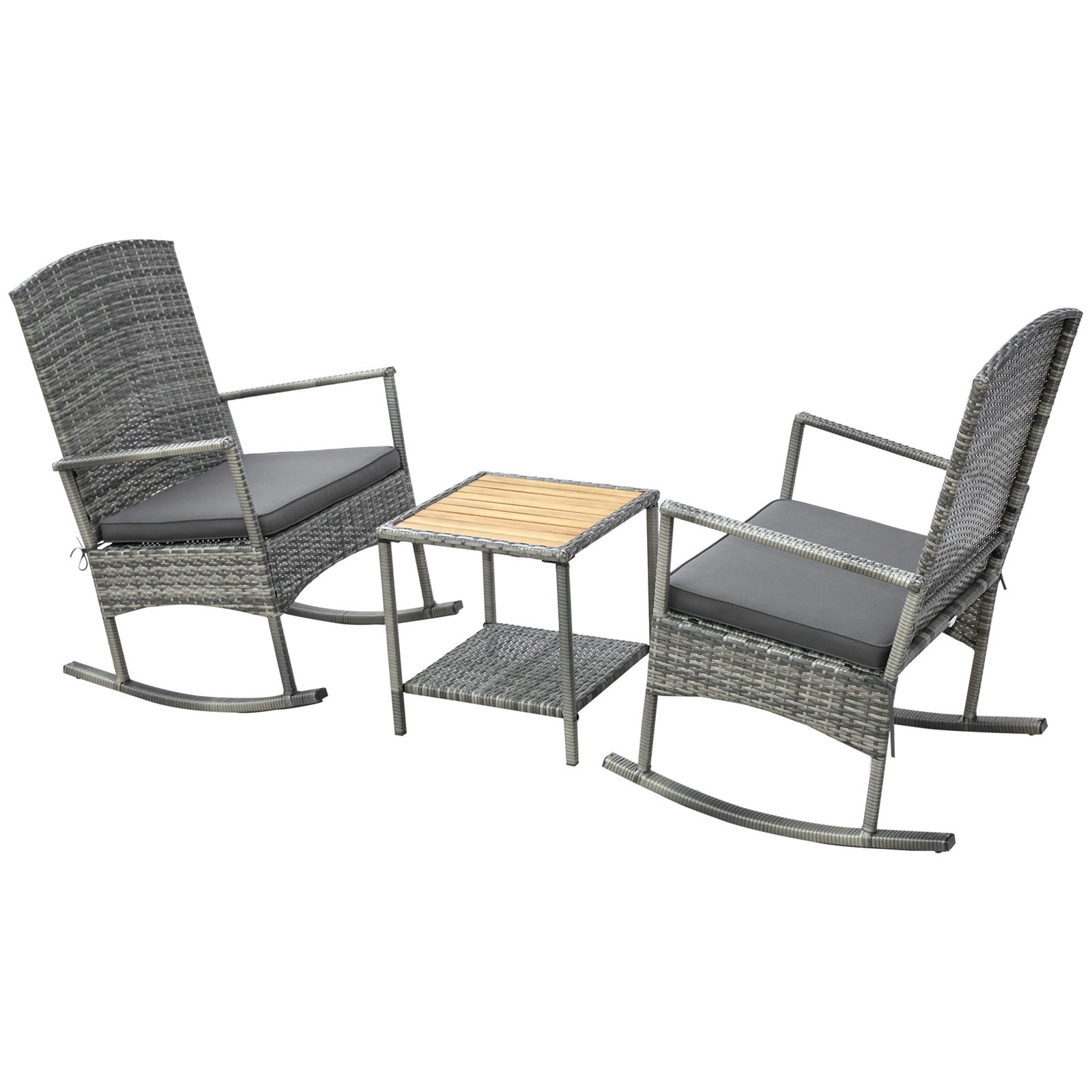 3 Piece Outdoor PE Rattan Rocking Chair Set, Patio Wicker Recliner Rocker Chair with Soft Cushion & Nature Wood Top Coffee Table, Gray - Image 6