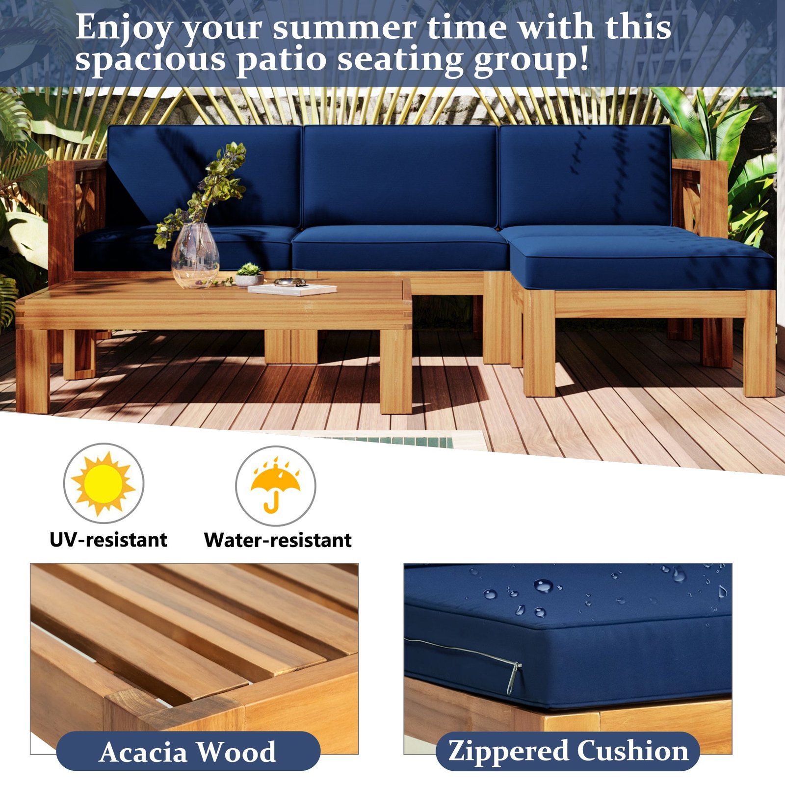 TOPMAX Outdoor Patio Wood 5-Piece Sectional Sofa Seating Group Set With Cushions, Natural Finish Blue Cushions - Image 5