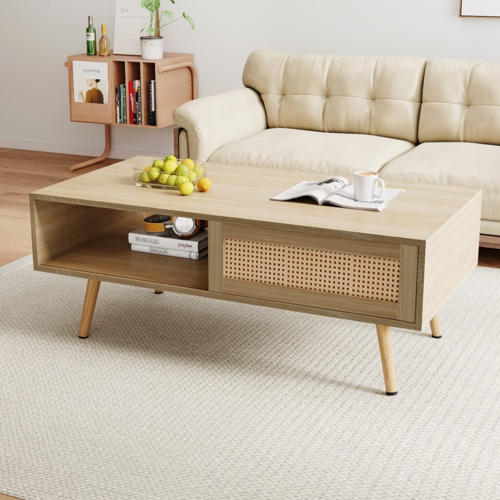 41.34 Rattan Coffee Table, Sliding Door For Storage, Solid Wood Legs, Modern Table  For Living Room , Natural