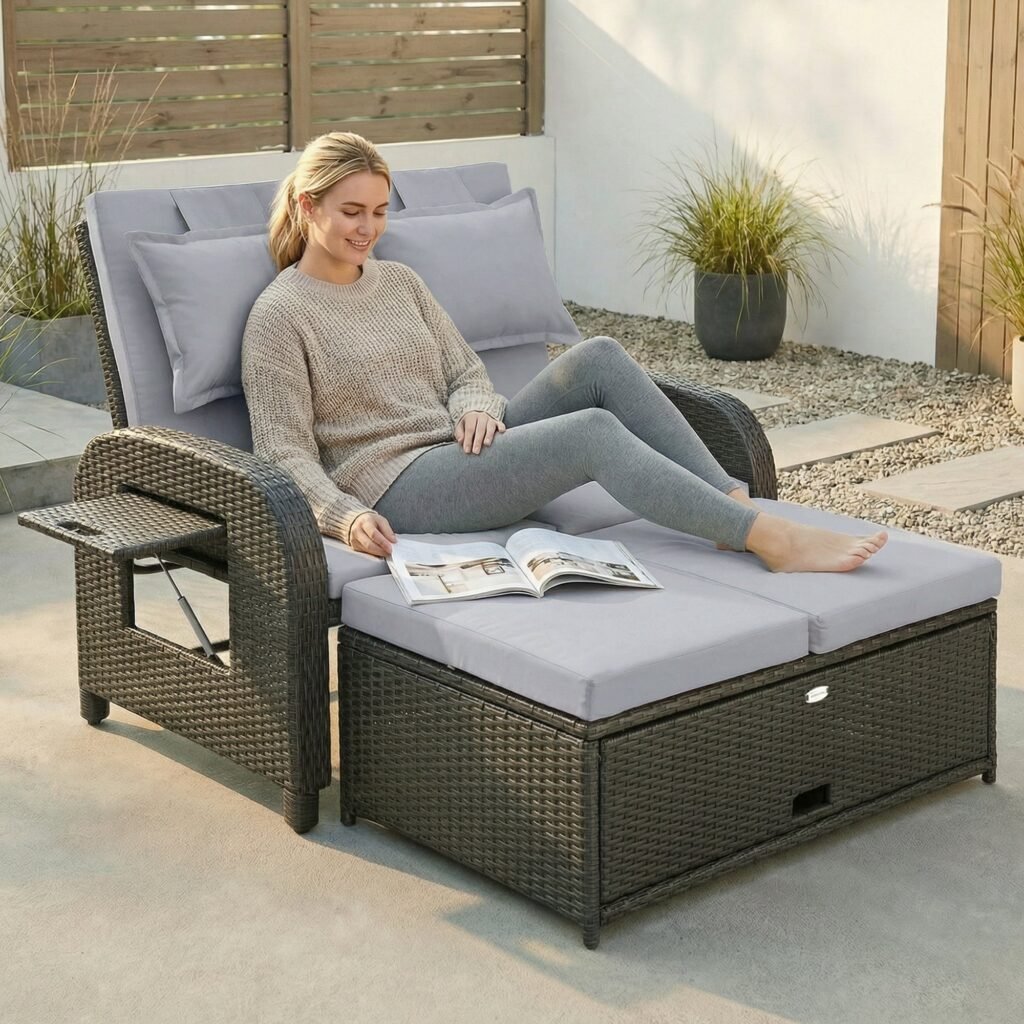 Outdoor Rattan Daybed with Ottoman – Adjustable Wicker Loveseat