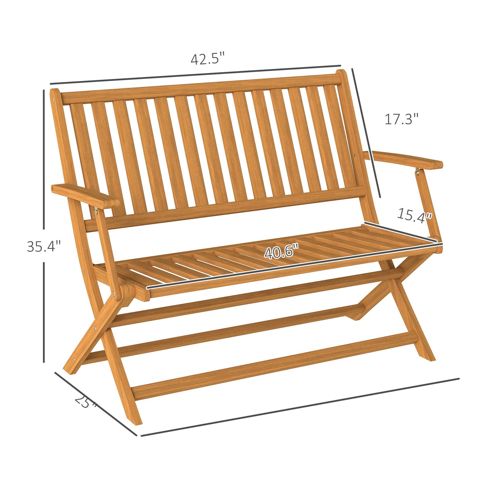 2-Person Foldable Wood Outdoor Bench with Backrest and Armrests for Garden, Porch, Park, Balcony, Teak - Image 6