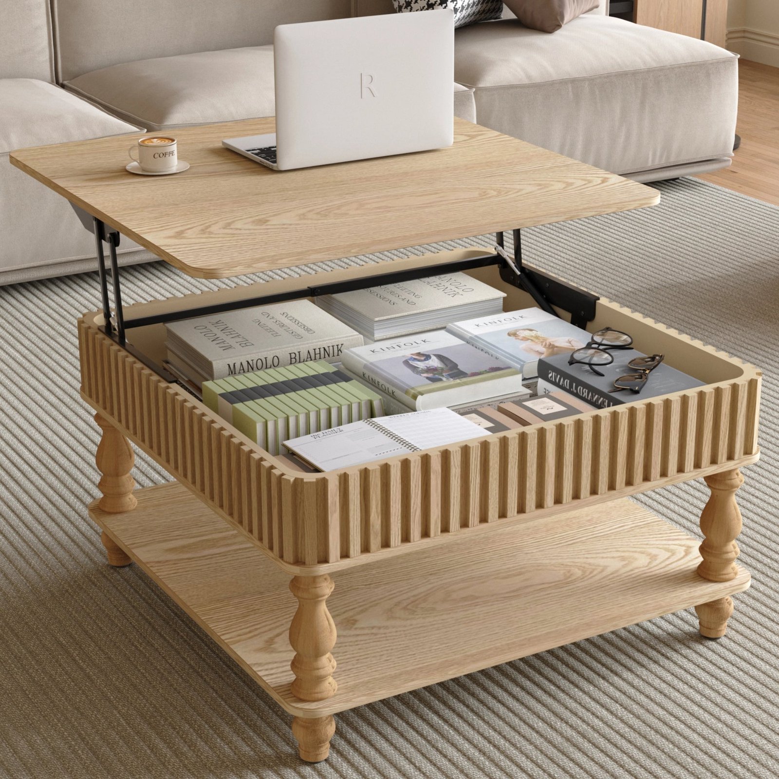 31.5 Inch Square Fluted Lift-Top Coffee Table With Hidden & Open Storage, Hydraulic Raising Mechanism, Retro Solid Wood Legs For Living Room, Sofa Natural Wood - Image 2