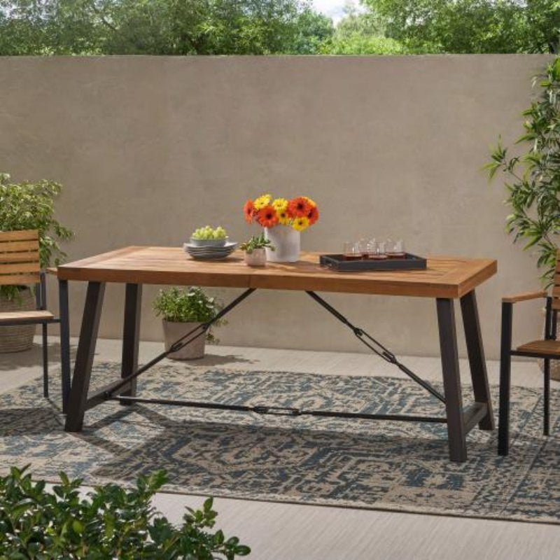Outdoor Lovewood Metal Base Dining Table, Teak Wood - Image 3