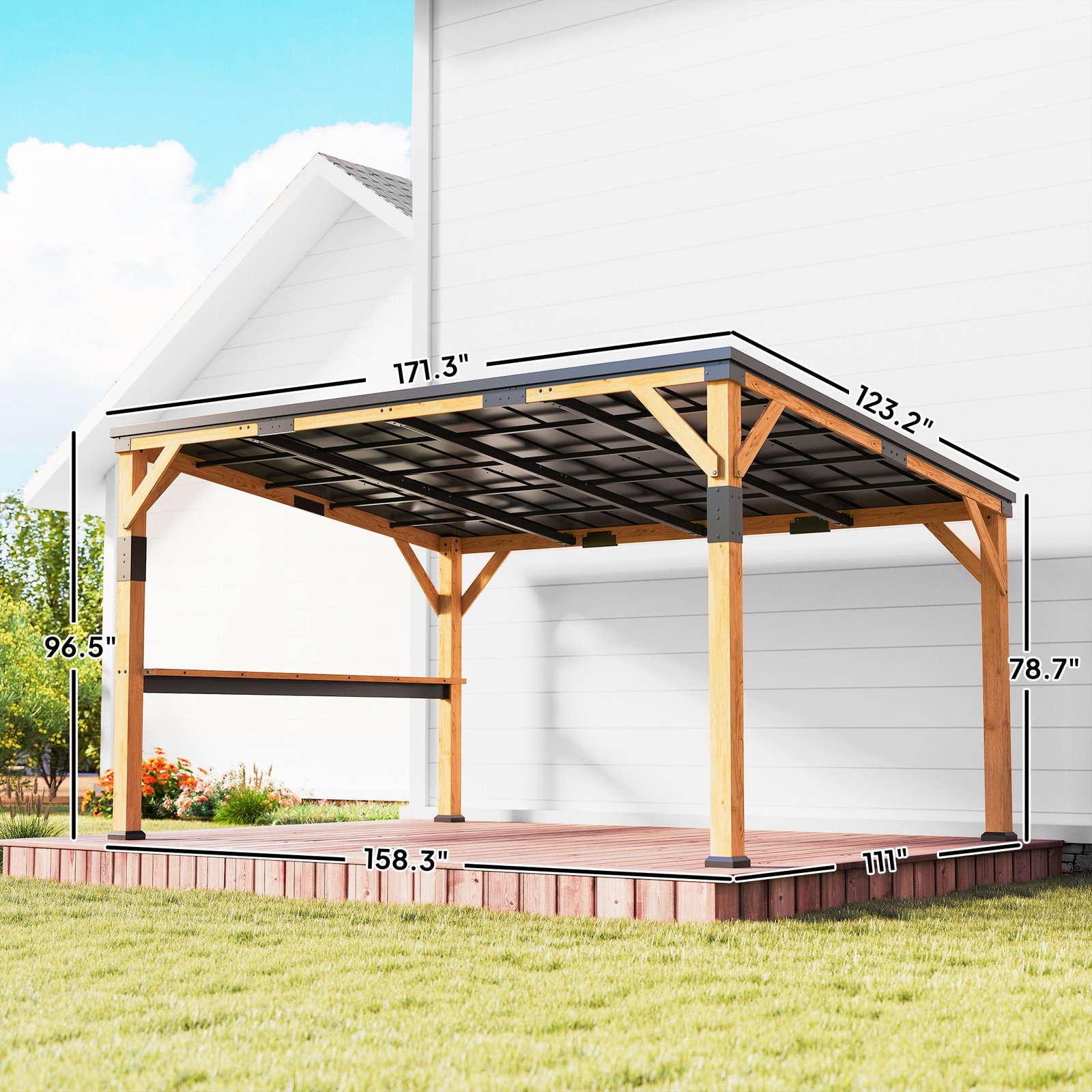 10 X 14 Ft Wooden Lean-To Gazebo Pergola With Hardtop Metal Roof - Image 6