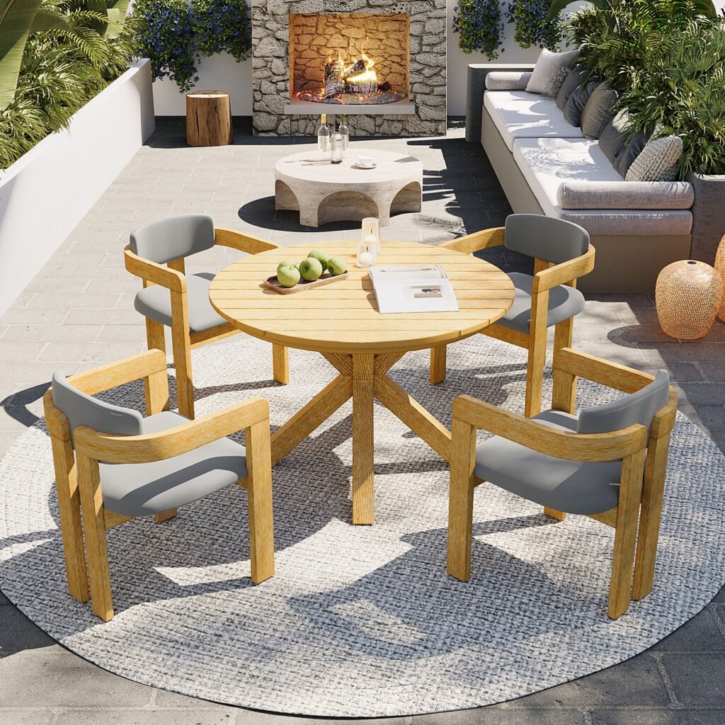 Acacia Wood 5-Piece Patio Set – Round Table, 4 Cushioned Chairs