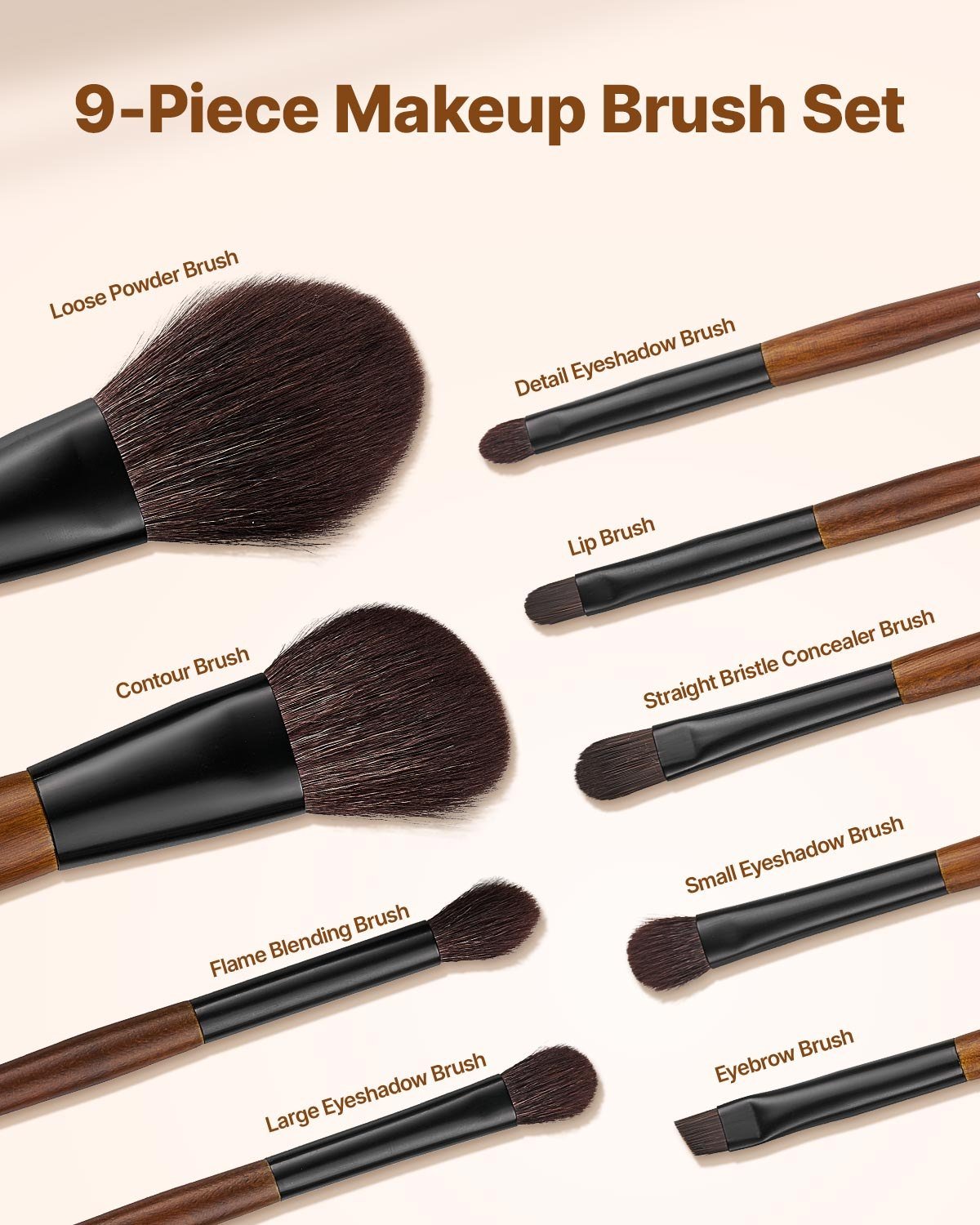 9-Piece Makeup Brush Set For Foundation Blending Eyeshadow, Professional Makeup Brush Kit With Soft Natural Wool & Vegan Synthetic Bristles, Ergonomic Wood Handle, Travel-Friendly Storage Bag - Image 4