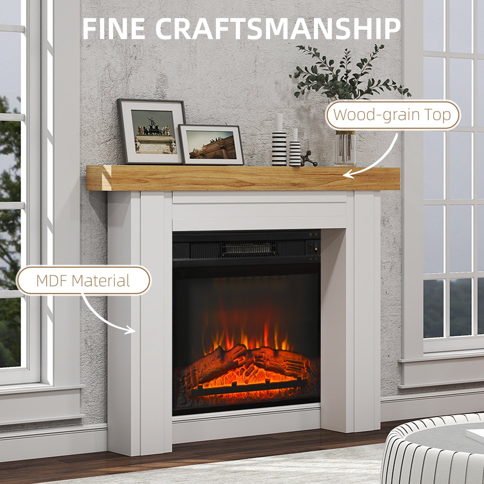 Modern Fireplace Mantel, Freestanding Fireplace Surround with Leg for Electric Fireplaces, 51.2" W x 40.6" H, Natural Wood - Image 2