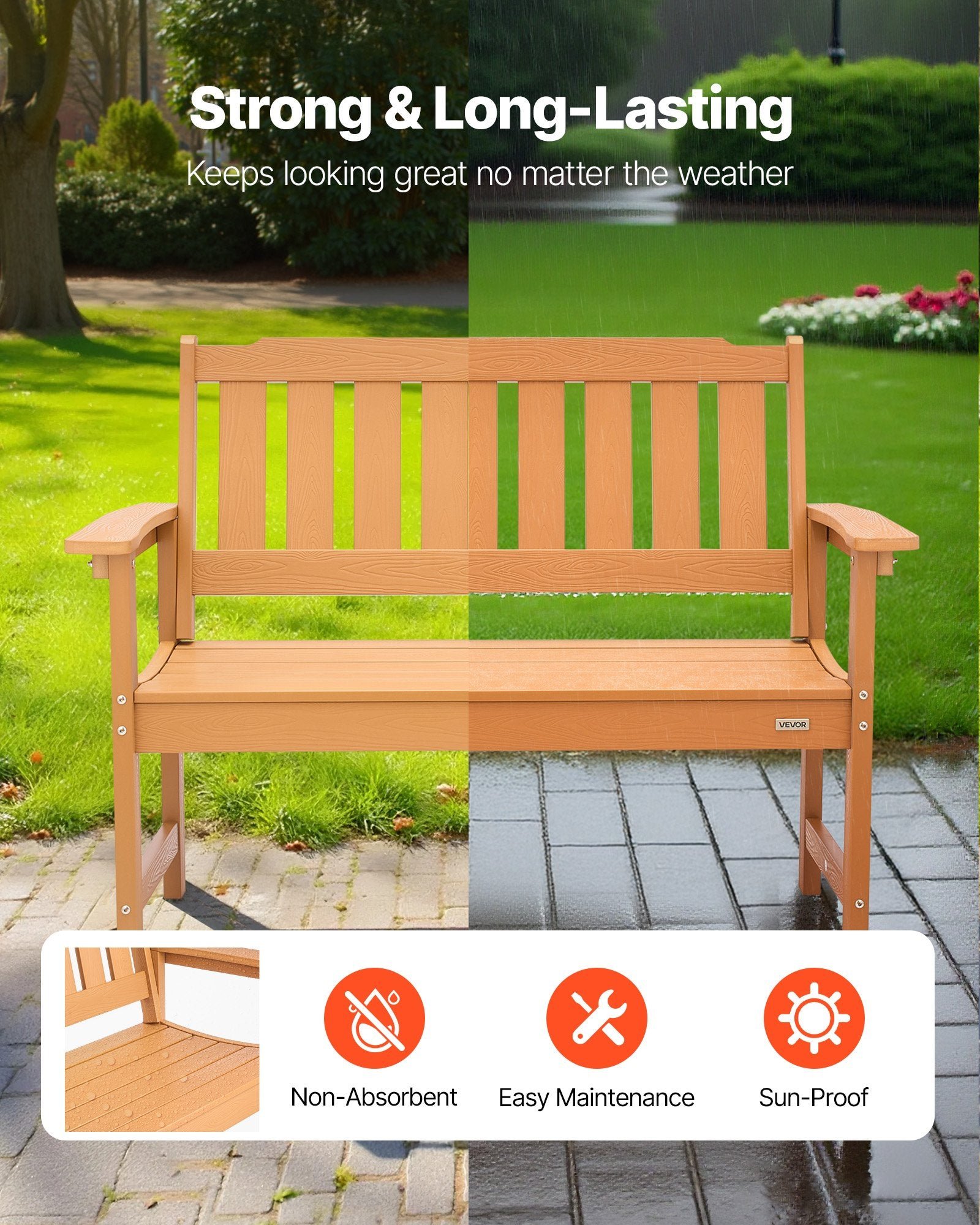 Outdoor Bench Patio Bench 50.5 In Weatherproof Plastic Natural Wood Color - Image 2