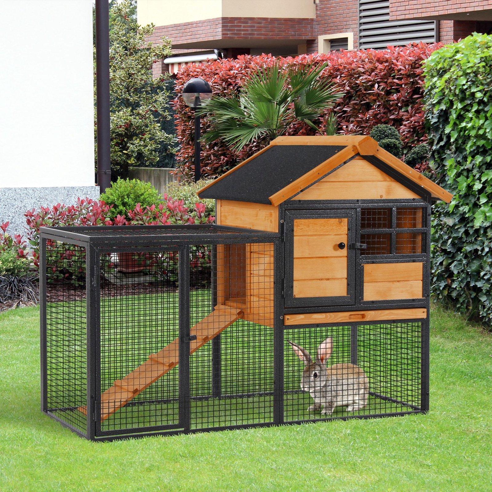 Outdoor Rabbit Cage Elevated Pet House w/ Slide-Out Tray, Natural Wood & Black - Image 2