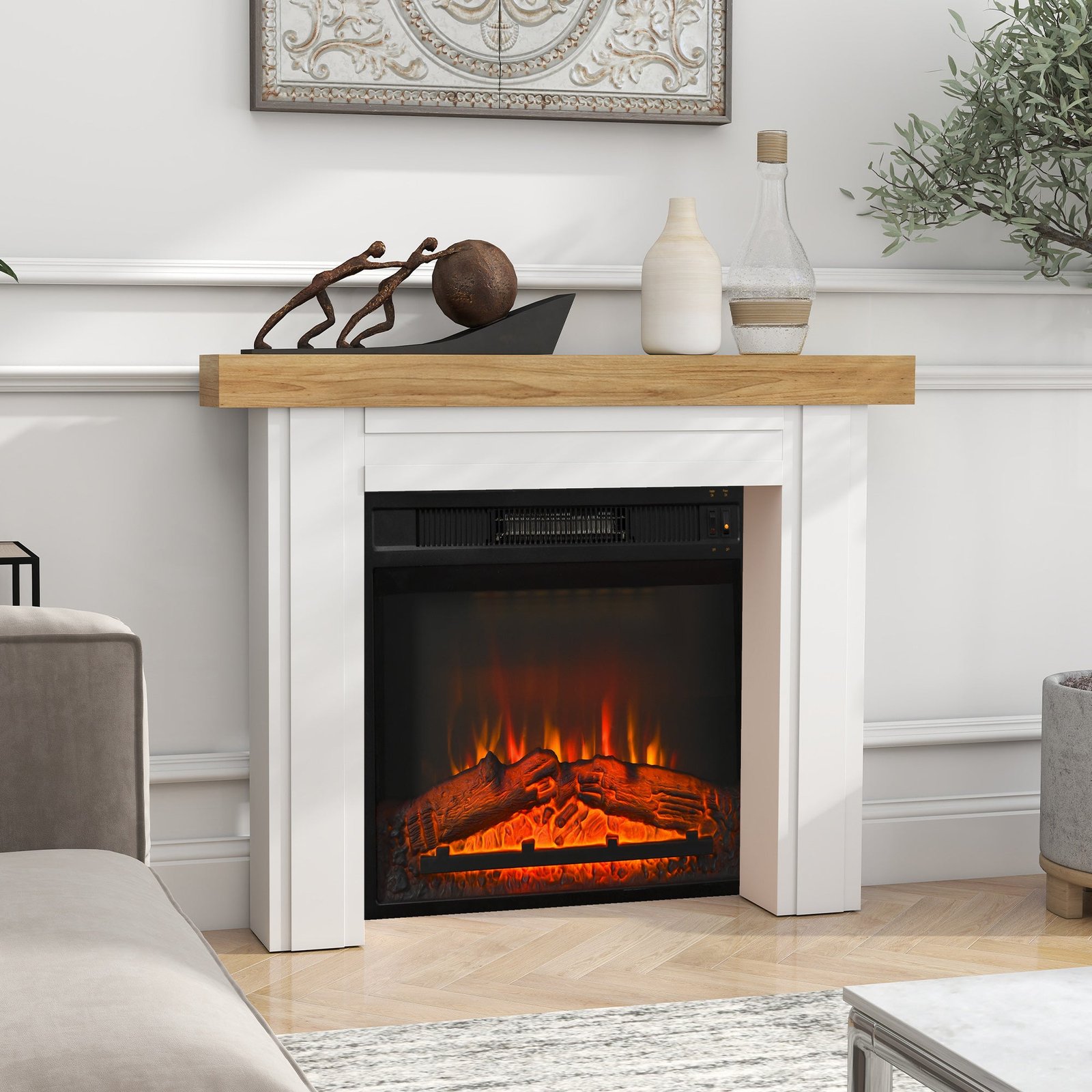 Modern Fireplace Mantel, Freestanding Fireplace Surround with Leg for Electric Fireplaces, 51.2" W x 40.6" H, Natural Wood - Image 8