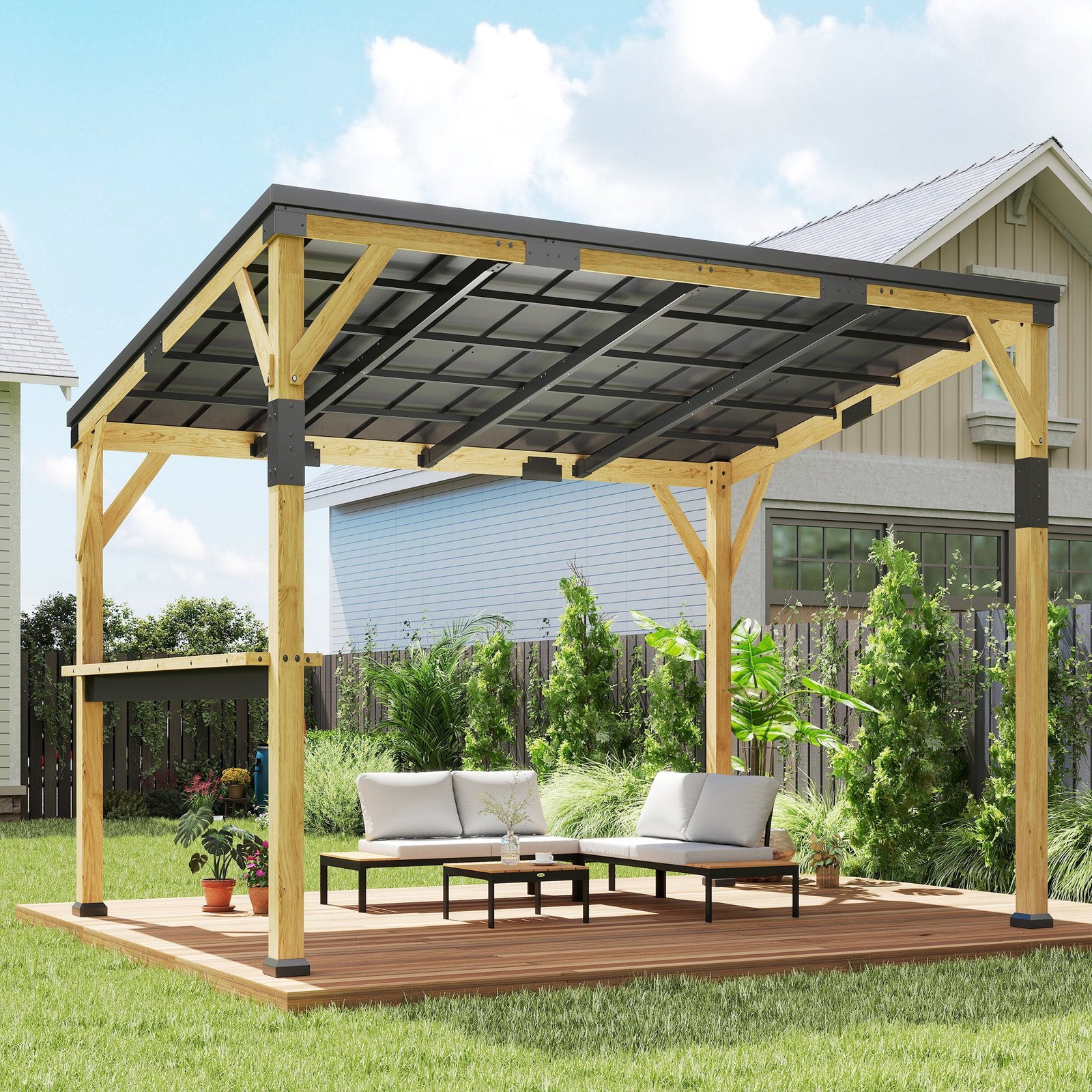 10 X 14 Ft Wooden Lean-To Gazebo Pergola With Hardtop Metal Roof - Image 4