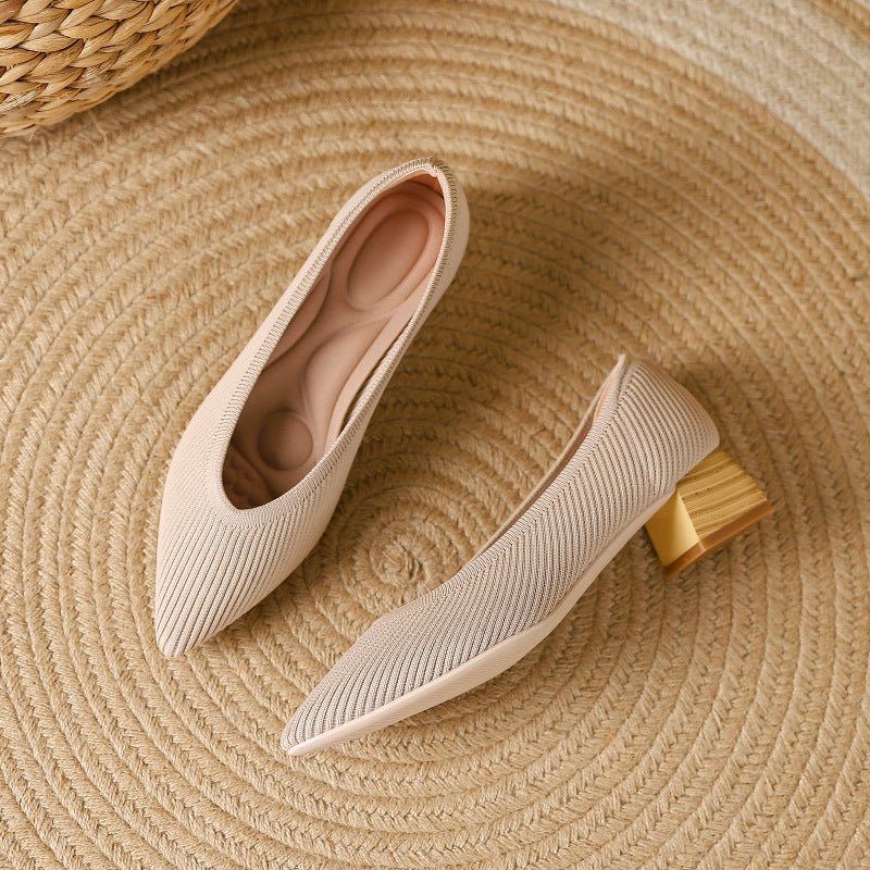 Wood Grain Thick Heel Pointed Breathable Casual Pumps - Image 3