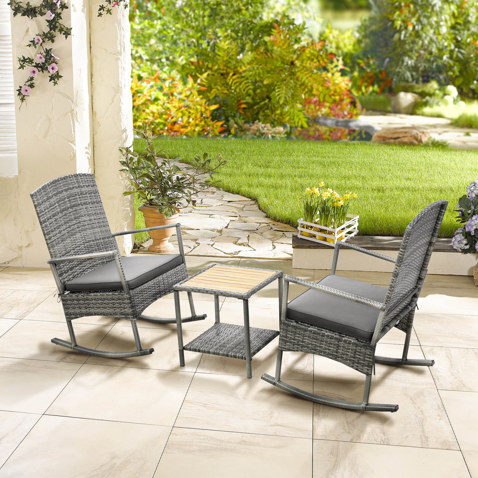 3 Piece Outdoor PE Rattan Rocking Chair Set, Patio Wicker Recliner Rocker Chair with Soft Cushion & Nature Wood Top Coffee Table, Gray - Image 5